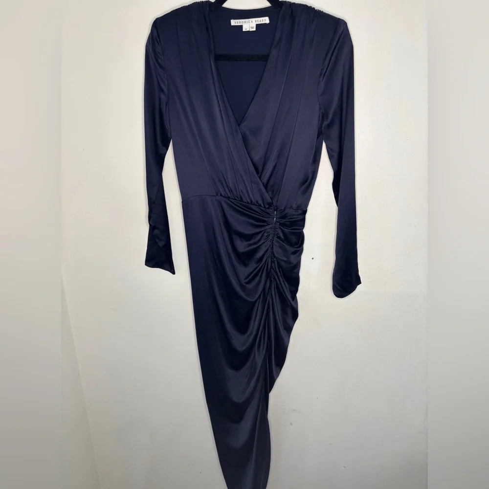 VERONICA BEARD CAMERI SILK RUCHED DRESS NAVY BLUE Size 00 XS Party Fall Wedding - Picture 6 of 12